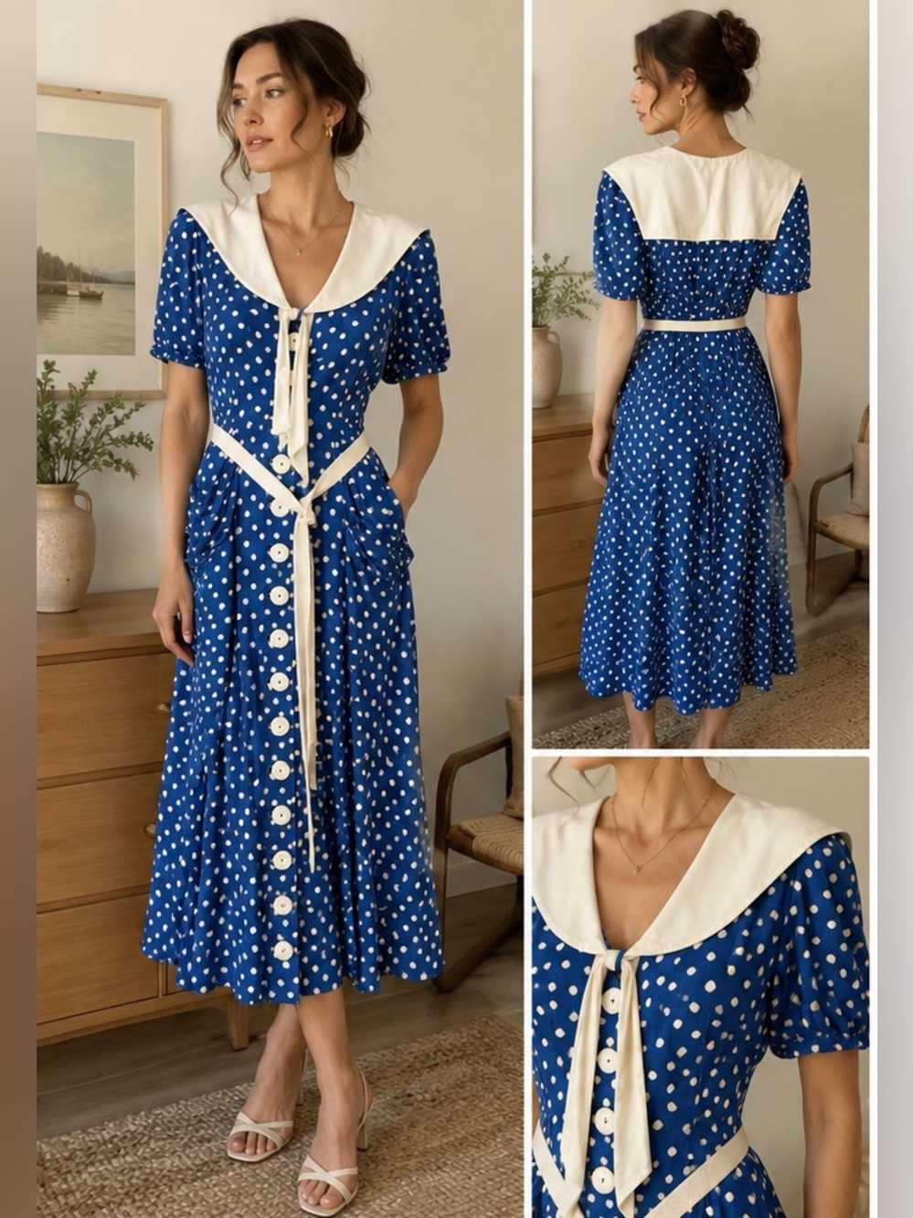 Karen Alexander Vintage Blue Polka Dot Sailor Collar Midi Dress Belted USA 4